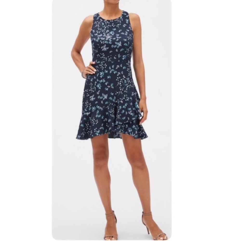 Banana Republic Navy Floral Ruffle-Hem Mini Dress